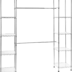 Adjustable Metal Hanging Storage Rack – Expandable Closet Organizer with Shelves for Bedroom, Laundry Room, or Garage