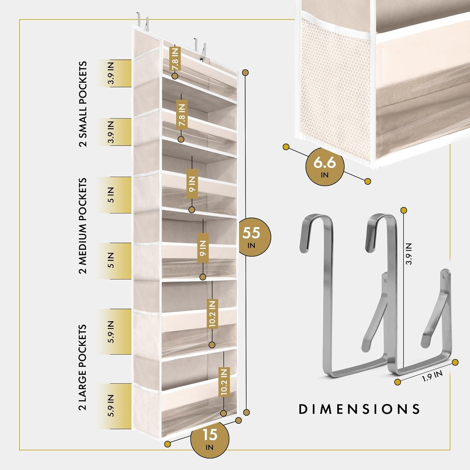 THEORY 1 PC Heavy Duty Over the Door Organizer 55x14x6.7, 6 Large Front & 12 Side Pockets - Image 3